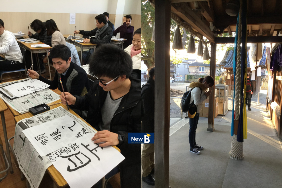 Học viên trường Nhật ngữ Osaka trải nghiệm hoạt động viết thư pháp và viếng đền 