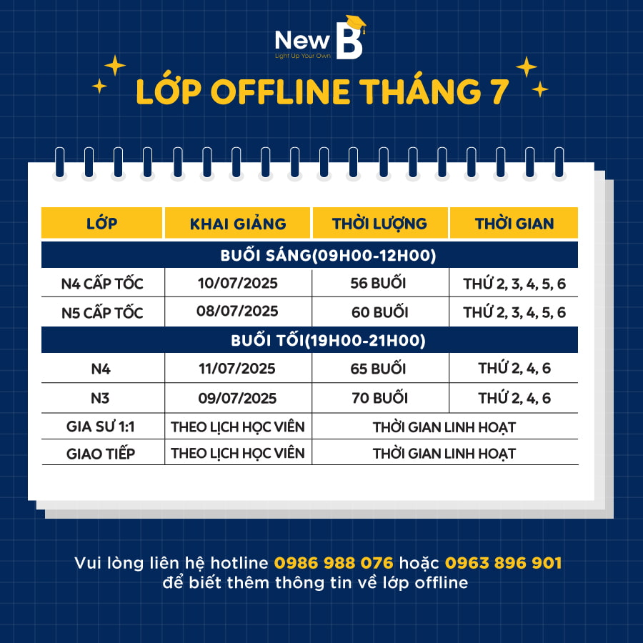 Lịch khai giảng lớp tiếng Nhật offline tháng 7 tại New B