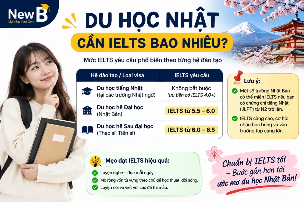 Du học Nhật Bản cần IELTS bao nhiêu? Mức điểm tùy theo chương trình học và trường đăng ký.