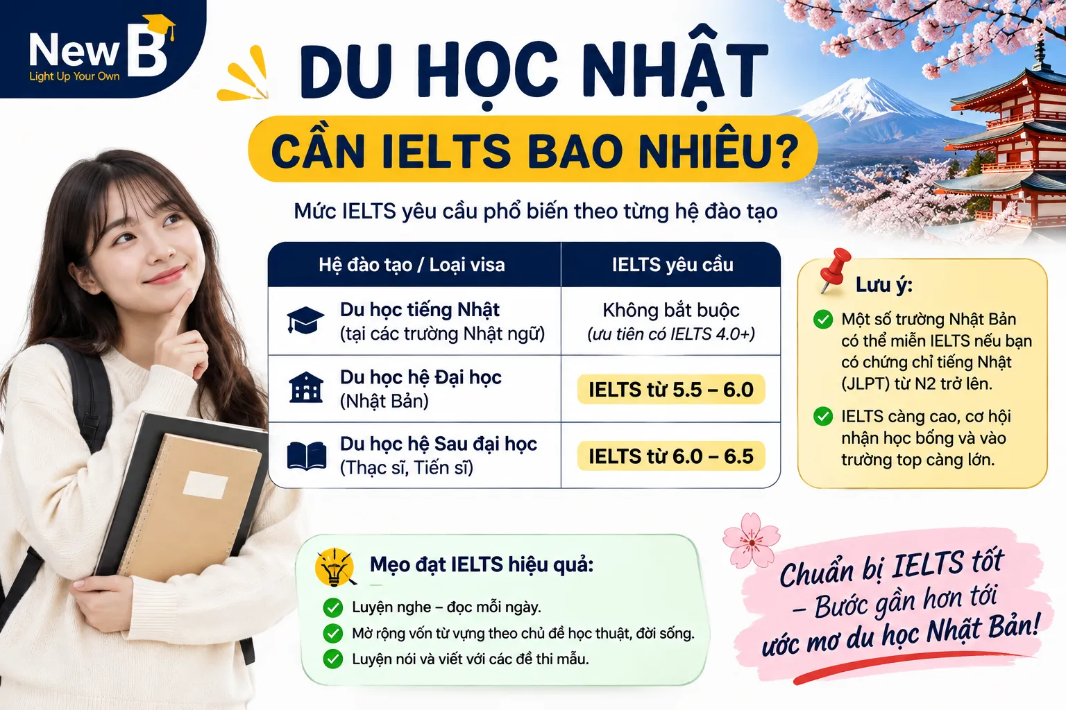 Du học Nhật Bản cần IELTS bao nhiêu? Mức điểm tùy theo chương trình học và trường đăng ký.